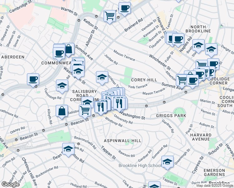map of restaurants, bars, coffee shops, grocery stores, and more near 35 Westbourne Terrace in Brookline