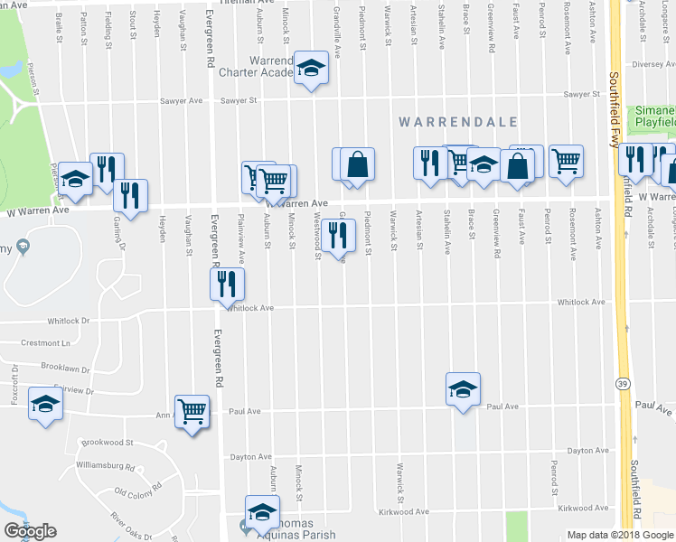 map of restaurants, bars, coffee shops, grocery stores, and more near 6781 Grandville Avenue in Detroit