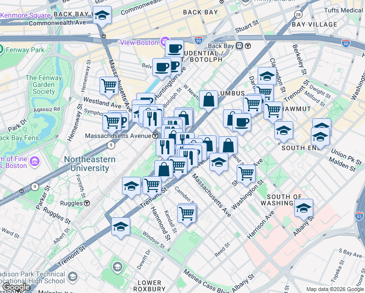 map of restaurants, bars, coffee shops, grocery stores, and more near 212 West Springfield Street in Boston