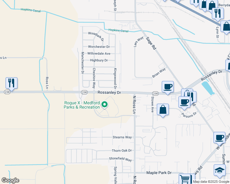 map of restaurants, bars, coffee shops, grocery stores, and more near Rossanley Dr & Kingswood Dr in Medford