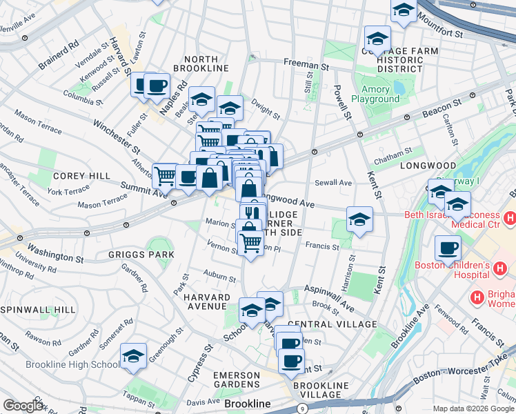 map of restaurants, bars, coffee shops, grocery stores, and more near in Brookline