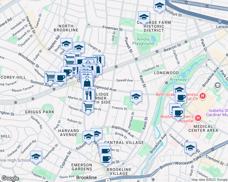 map of restaurants, bars, coffee shops, grocery stores, and more near 118 Saint Paul Street in Brookline