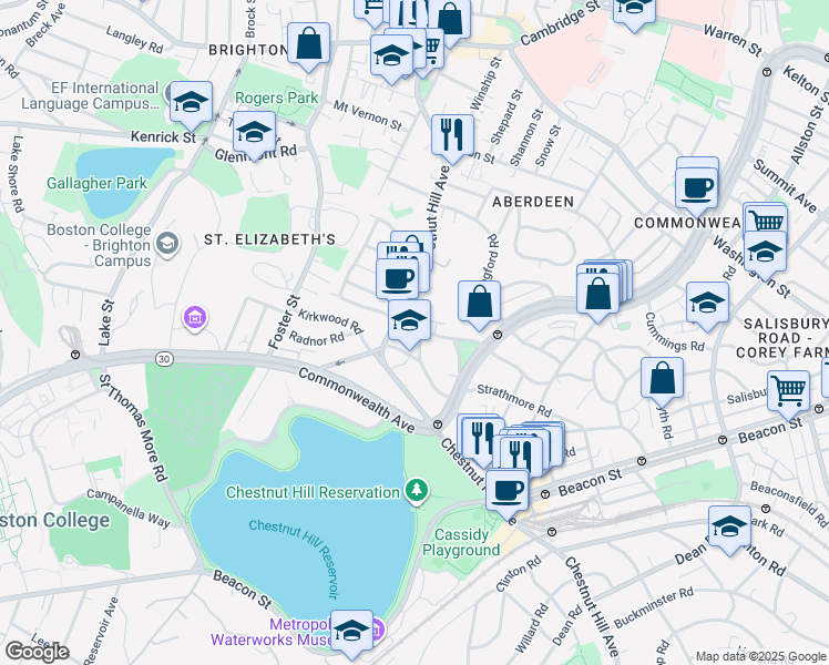 map of restaurants, bars, coffee shops, grocery stores, and more near 186 Chestnut Hill Avenue in Boston