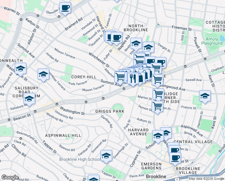 map of restaurants, bars, coffee shops, grocery stores, and more near 1443 Beacon Street in Brookline