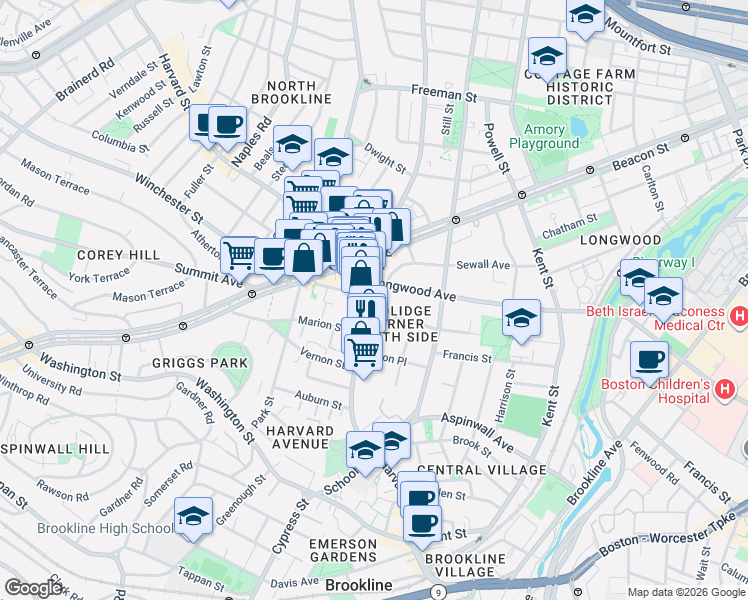map of restaurants, bars, coffee shops, grocery stores, and more near 10 Sewall Avenue in Brookline