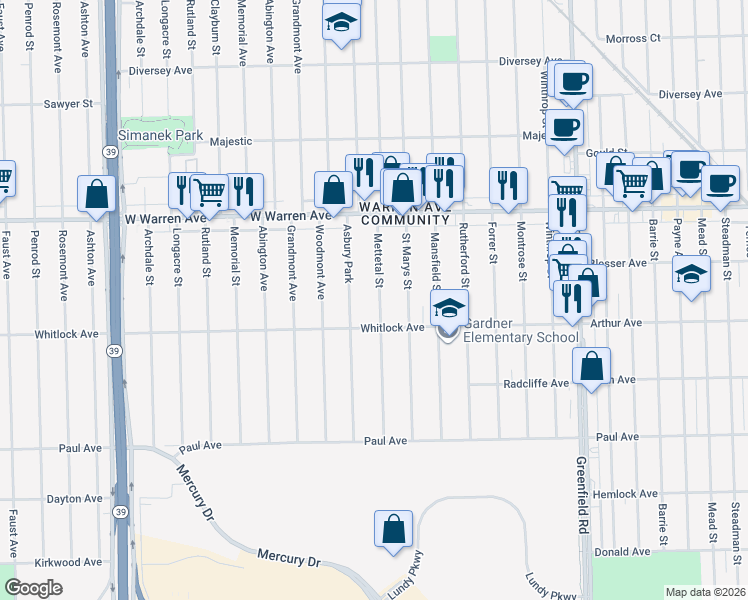 map of restaurants, bars, coffee shops, grocery stores, and more near 6739 Mettetal Street in Detroit