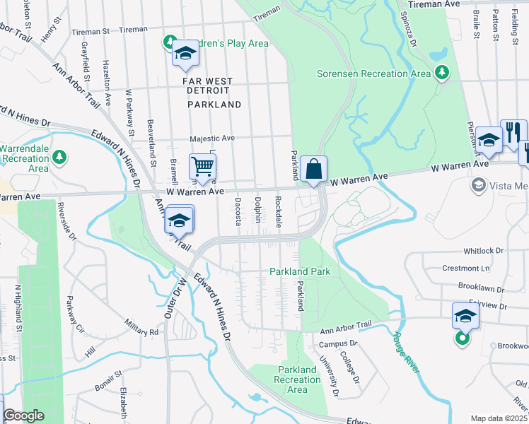 map of restaurants, bars, coffee shops, grocery stores, and more near 6993 Dolphin in Dearborn Heights