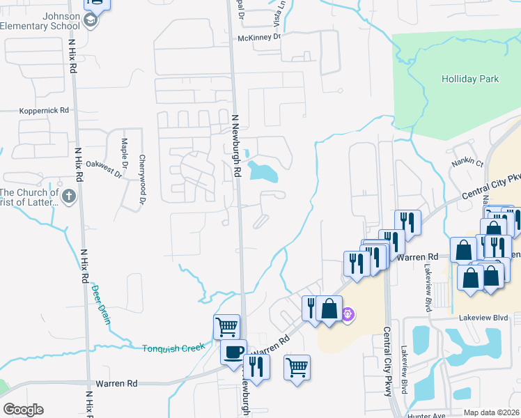 map of restaurants, bars, coffee shops, grocery stores, and more near 7500 North Newburgh Road in Westland