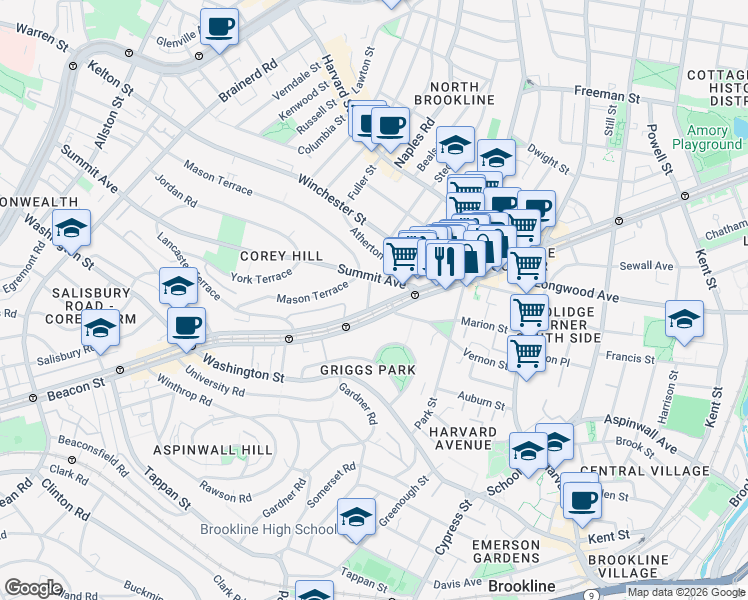 map of restaurants, bars, coffee shops, grocery stores, and more near 1443 Beacon Street in Brookline