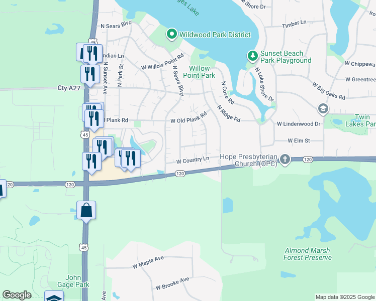 map of restaurants, bars, coffee shops, grocery stores, and more near 18630 West Country Lane in Grayslake