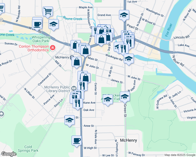 map of restaurants, bars, coffee shops, grocery stores, and more near 904 Center Street in McHenry