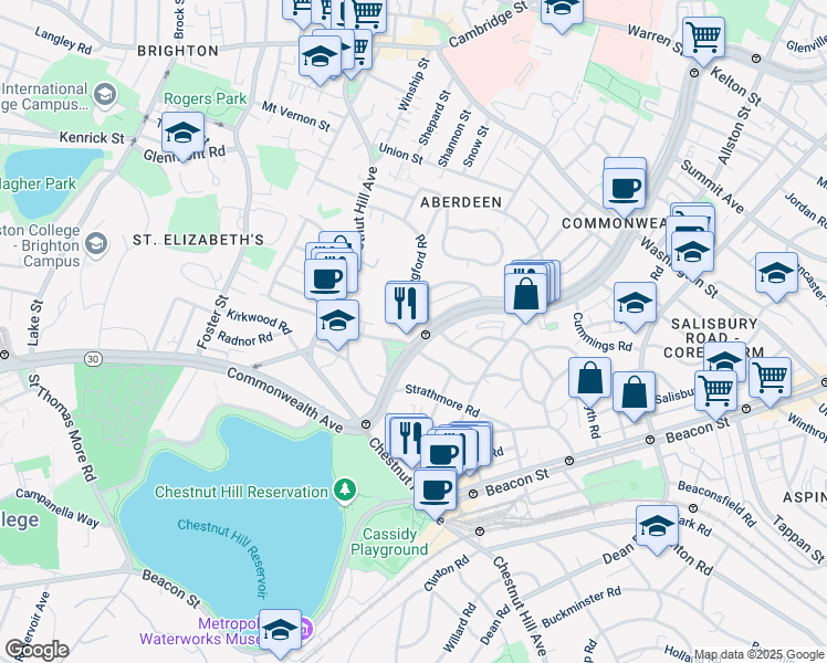 map of restaurants, bars, coffee shops, grocery stores, and more near 1789 Commonwealth Avenue in Boston