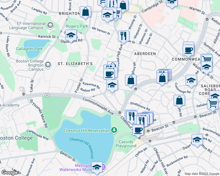 map of restaurants, bars, coffee shops, grocery stores, and more near 186 Chestnut Hill Avenue in Boston