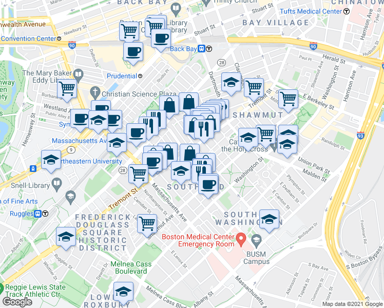 map of restaurants, bars, coffee shops, grocery stores, and more near 708 Tremont Street in Boston