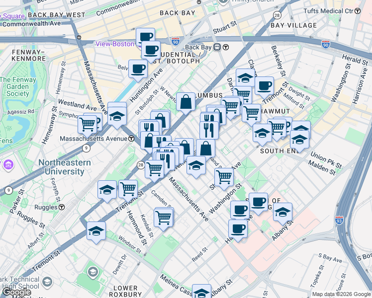 map of restaurants, bars, coffee shops, grocery stores, and more near 4 Concord Place in Boston