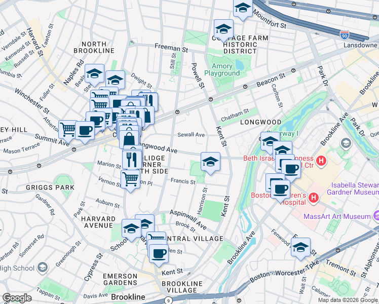 map of restaurants, bars, coffee shops, grocery stores, and more near 89-95 Longwood Avenue in Brookline