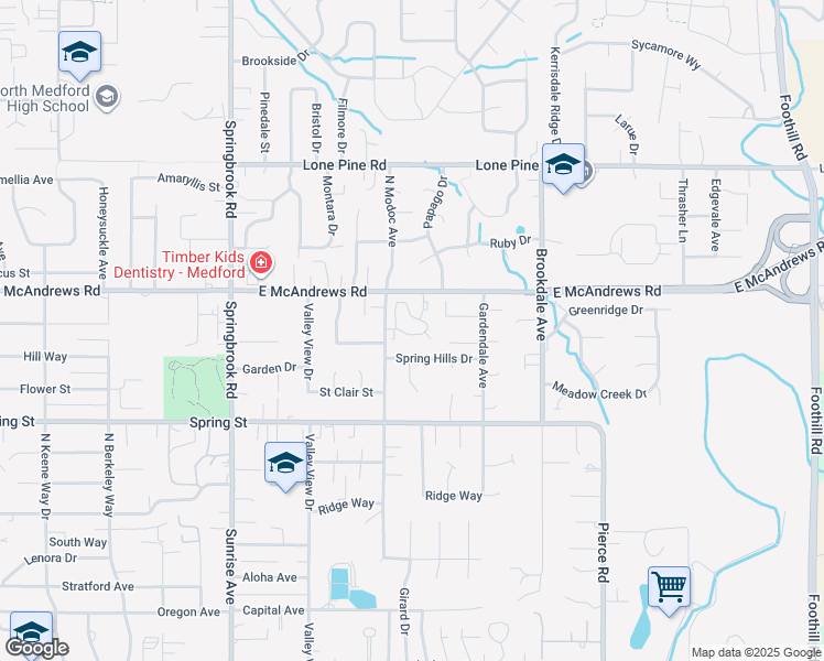 map of restaurants, bars, coffee shops, grocery stores, and more near 1224 North Modoc Avenue in Medford