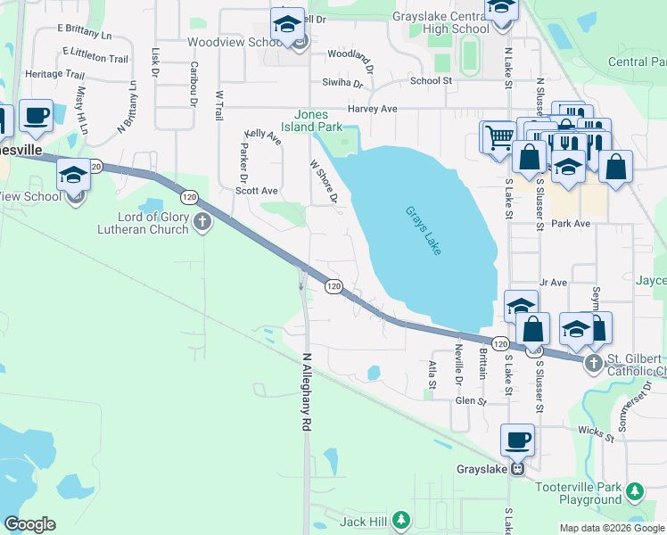 map of restaurants, bars, coffee shops, grocery stores, and more near 214 Bluff Court in Grayslake