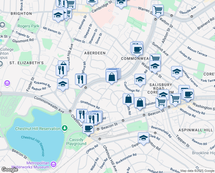 map of restaurants, bars, coffee shops, grocery stores, and more near 138 Sutherland Road in Boston