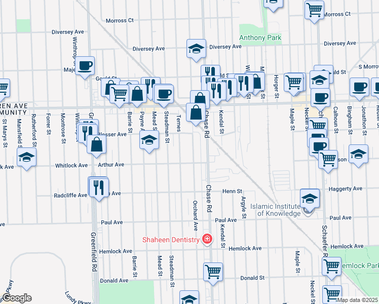 map of restaurants, bars, coffee shops, grocery stores, and more near 6818 Ternes in Dearborn