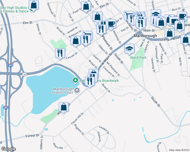 map of restaurants, bars, coffee shops, grocery stores, and more near 235 West Main Street in Marlborough