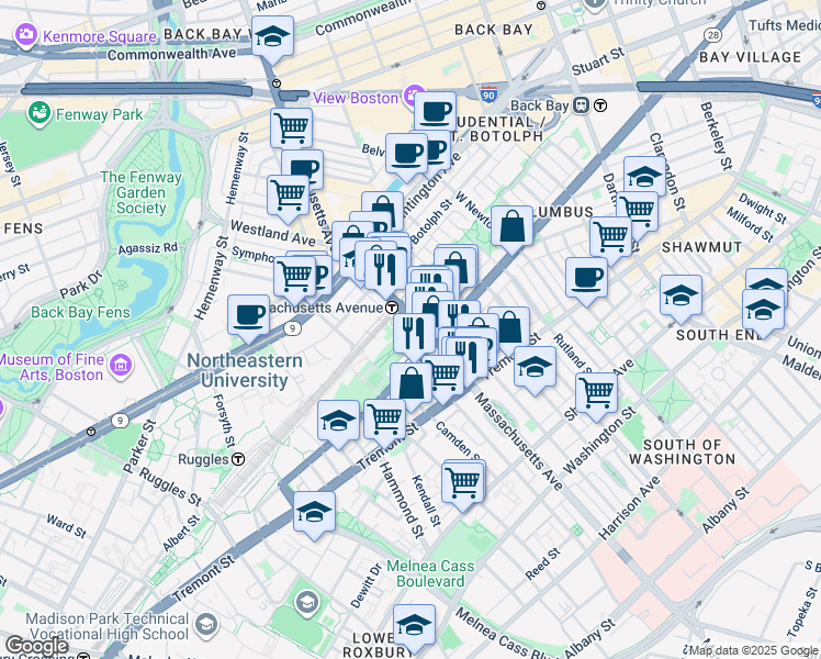 map of restaurants, bars, coffee shops, grocery stores, and more near in Boston