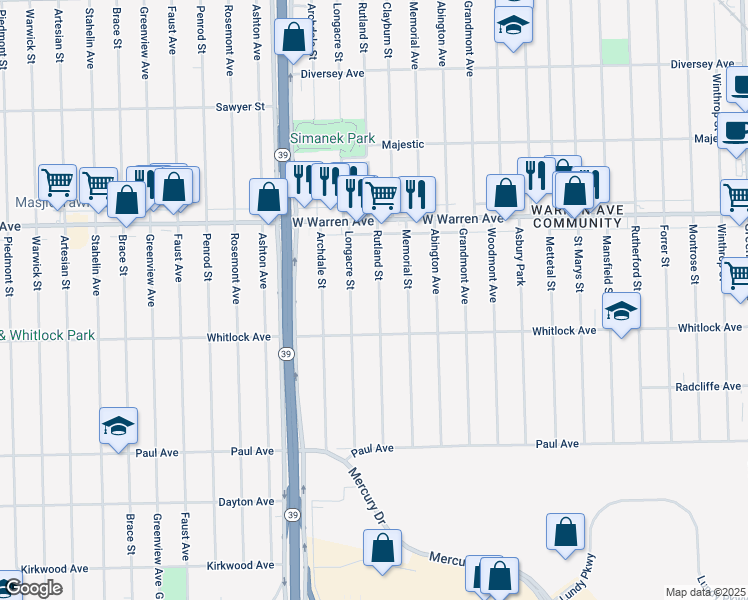 map of restaurants, bars, coffee shops, grocery stores, and more near 6771 Rutland Street in Detroit