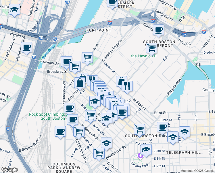 map of restaurants, bars, coffee shops, grocery stores, and more near 120 Bolton Street in Boston