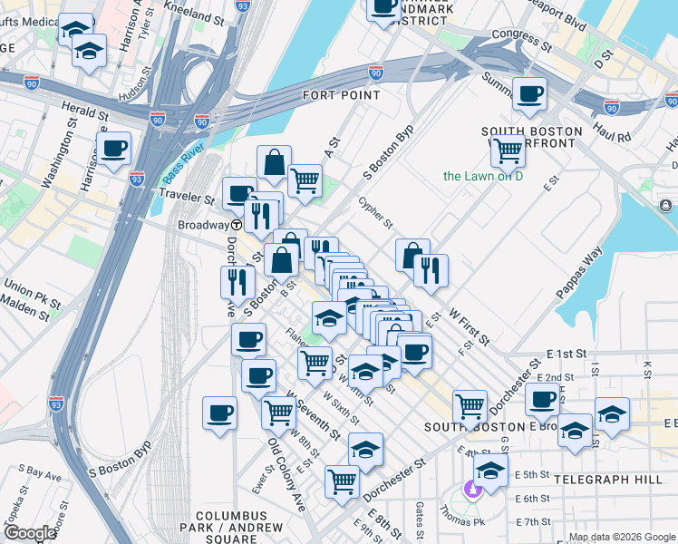 map of restaurants, bars, coffee shops, grocery stores, and more near 166 Athens Street in Boston