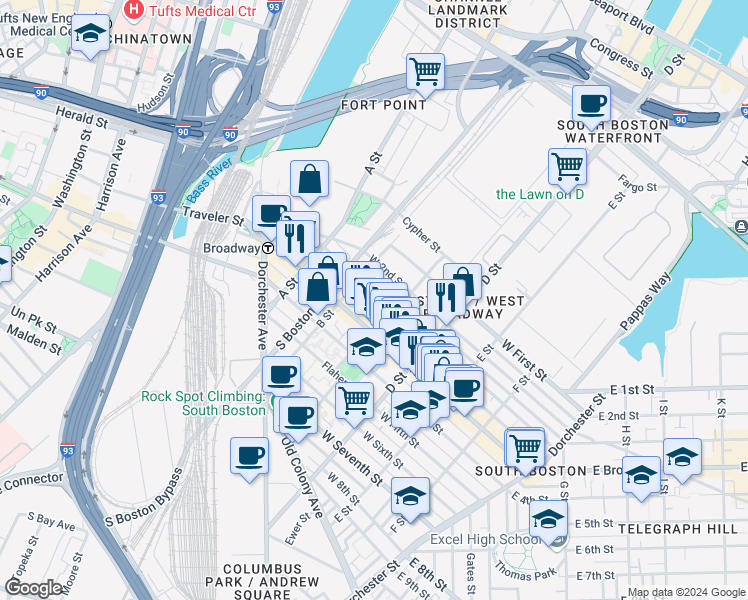 map of restaurants, bars, coffee shops, grocery stores, and more near 166 Athens Street in Boston