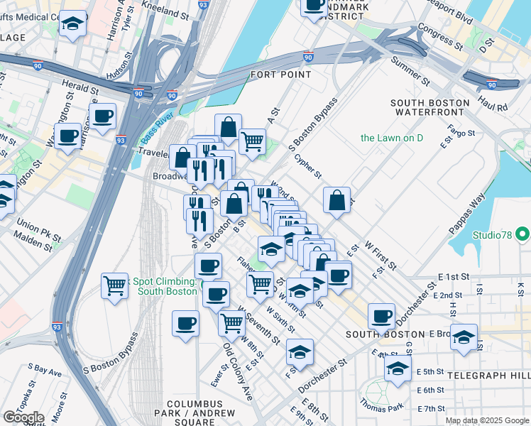 map of restaurants, bars, coffee shops, grocery stores, and more near 157 West Broadway in Boston