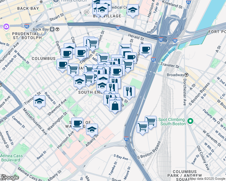 map of restaurants, bars, coffee shops, grocery stores, and more near 560 Harrison Avenue in Boston