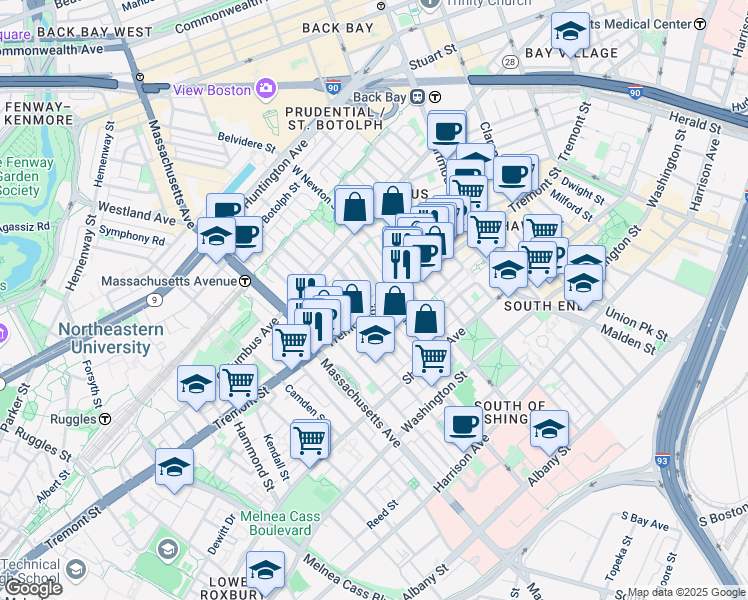 map of restaurants, bars, coffee shops, grocery stores, and more near 708 Tremont Street in Boston
