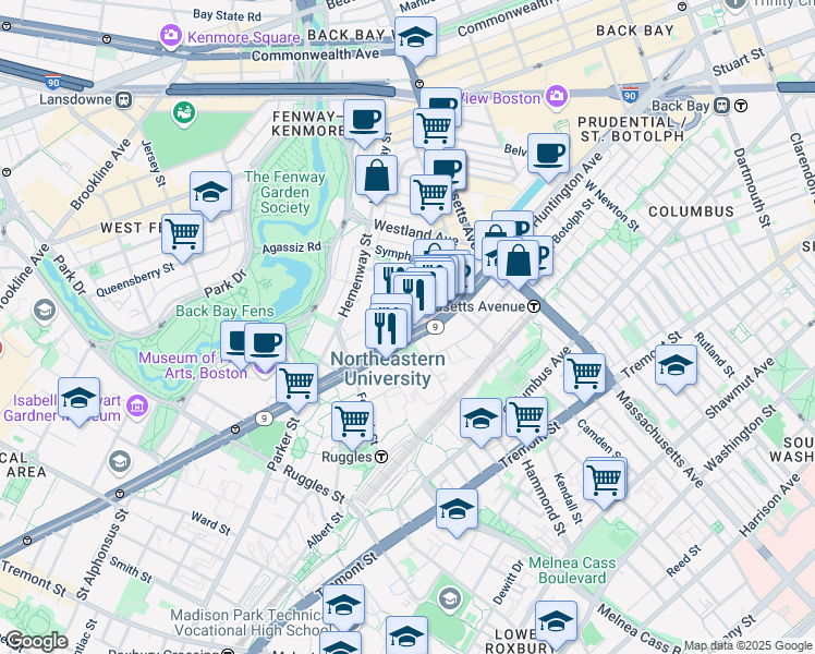 map of restaurants, bars, coffee shops, grocery stores, and more near 360 Huntington Avenue in Boston