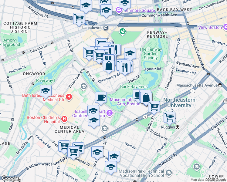 map of restaurants, bars, coffee shops, grocery stores, and more near 62 Kilmarnock Street in Boston