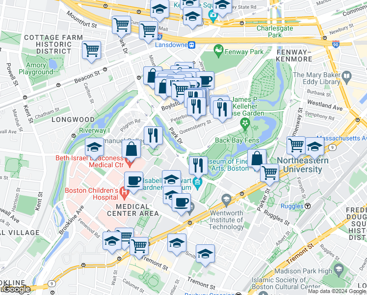 map of restaurants, bars, coffee shops, grocery stores, and more near 310 Fenway in Boston