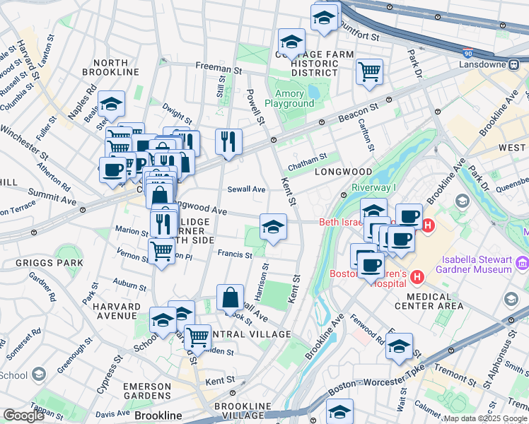 map of restaurants, bars, coffee shops, grocery stores, and more near 123 Longwood Avenue in Brookline