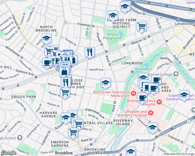 map of restaurants, bars, coffee shops, grocery stores, and more near 123 Longwood Avenue in Brookline
