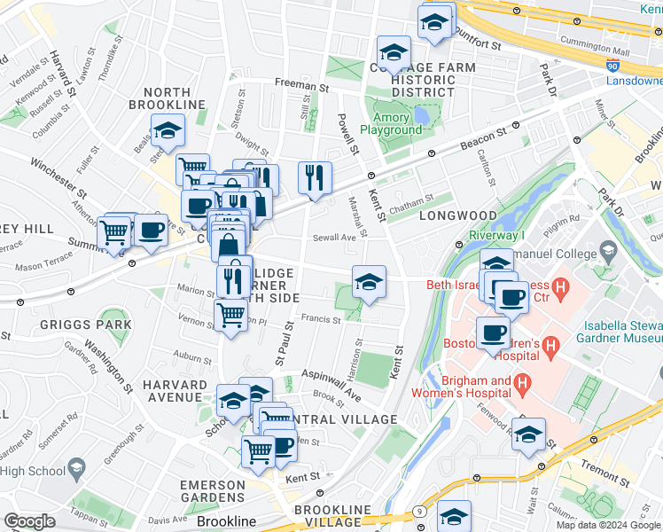 map of restaurants, bars, coffee shops, grocery stores, and more near 89 Longwood Avenue in Brookline