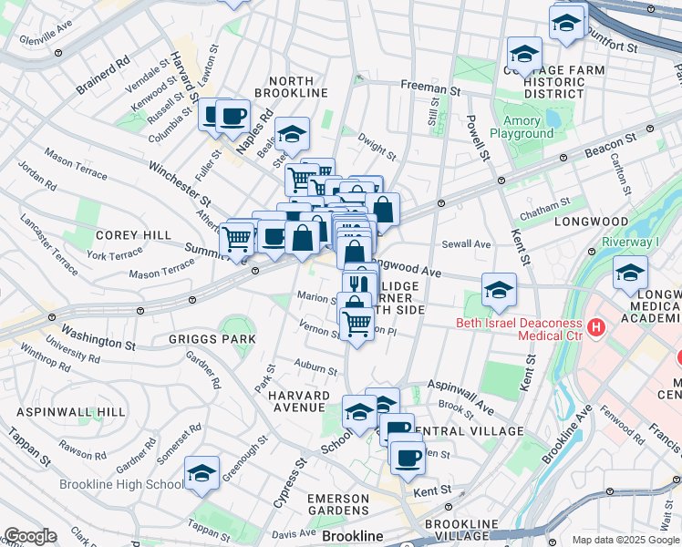 map of restaurants, bars, coffee shops, grocery stores, and more near in Brookline