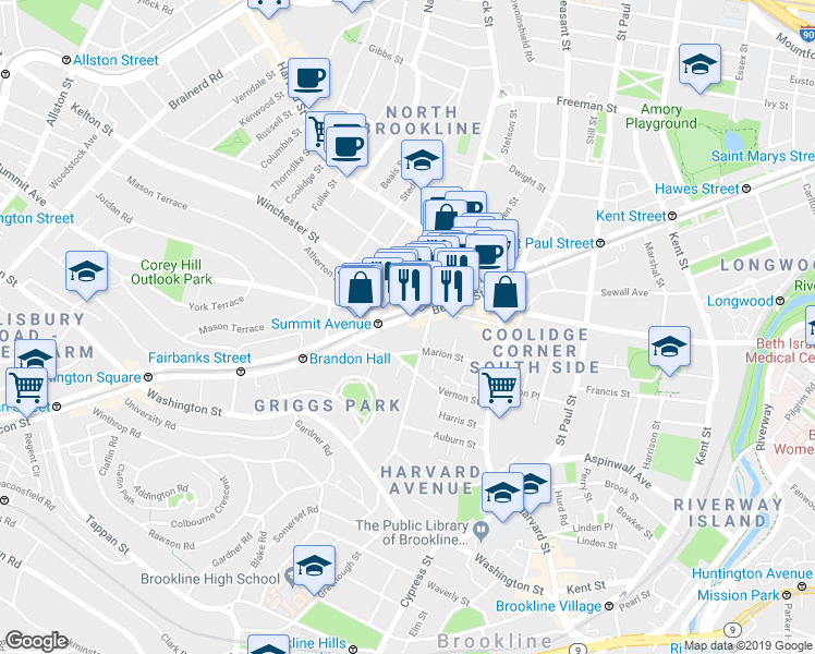 map of restaurants, bars, coffee shops, grocery stores, and more near in Brookline