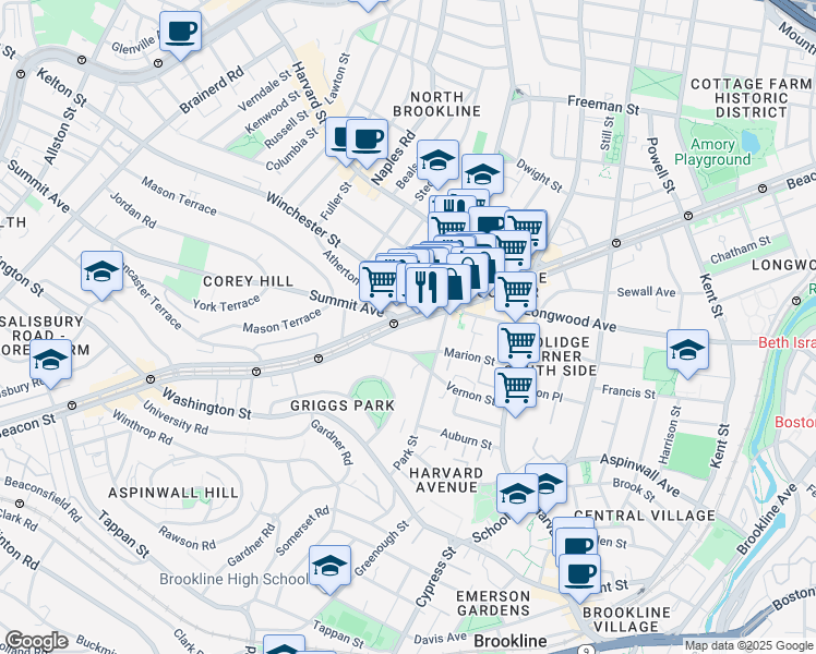 map of restaurants, bars, coffee shops, grocery stores, and more near 89 Marion Street in Brookline