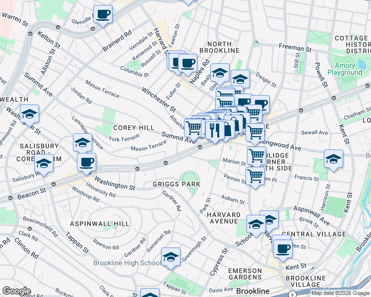 map of restaurants, bars, coffee shops, grocery stores, and more near 1443 Beacon Street in Brookline