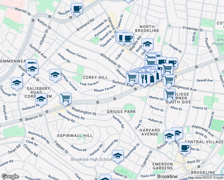 map of restaurants, bars, coffee shops, grocery stores, and more near 1476 Beacon Street in Brookline