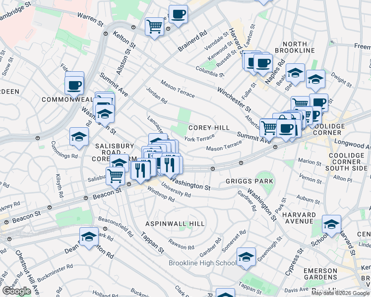 map of restaurants, bars, coffee shops, grocery stores, and more near 5 Mason Terrace in Brookline