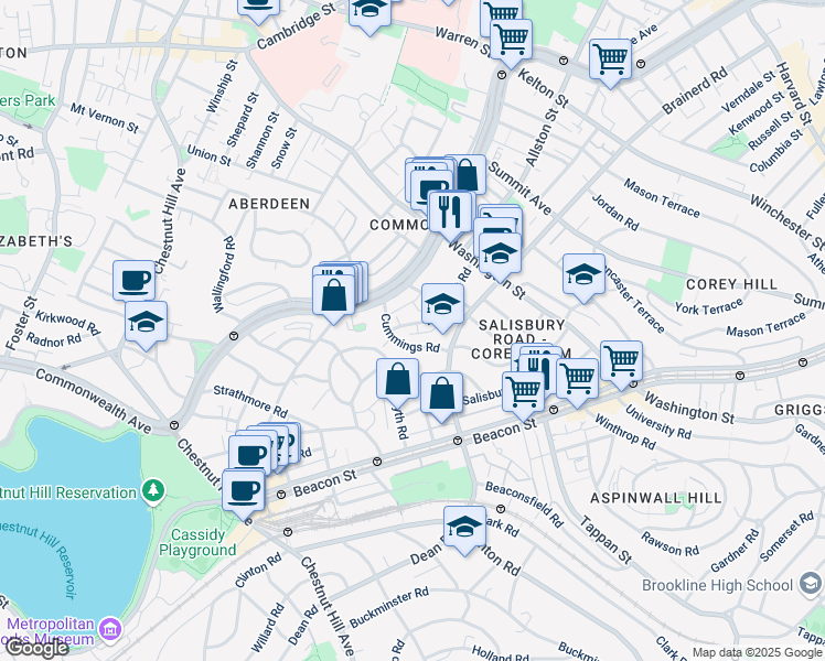 map of restaurants, bars, coffee shops, grocery stores, and more near 11 Cummings Road in Boston
