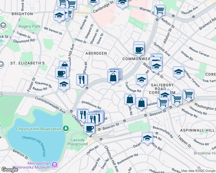 map of restaurants, bars, coffee shops, grocery stores, and more near 98 Lanark Road in Boston