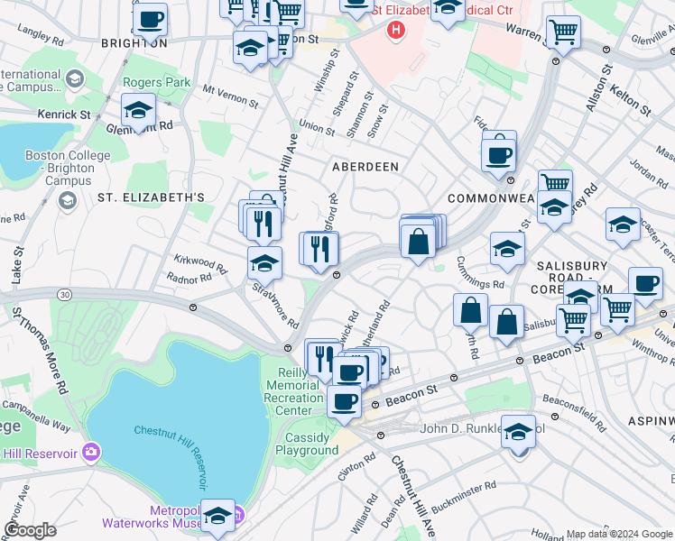 map of restaurants, bars, coffee shops, grocery stores, and more near in Boston