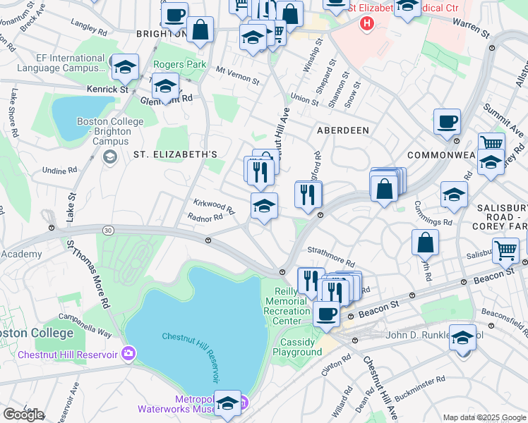 map of restaurants, bars, coffee shops, grocery stores, and more near 186 Chestnut Hill Avenue in Boston