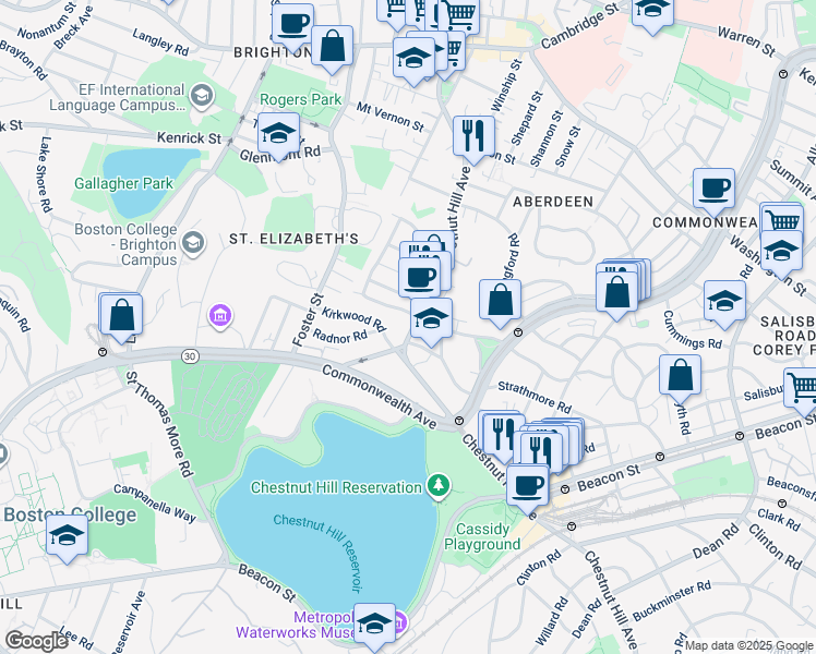 map of restaurants, bars, coffee shops, grocery stores, and more near 217 Chestnut Hill Avenue in Boston